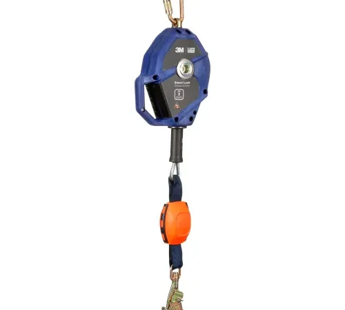 Blue retractable fall-arrest lifeline with hooks