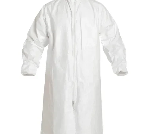 White disposable protective isolation gown