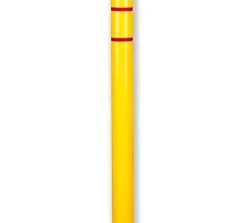 Yellow bollard post with red reflective stripes