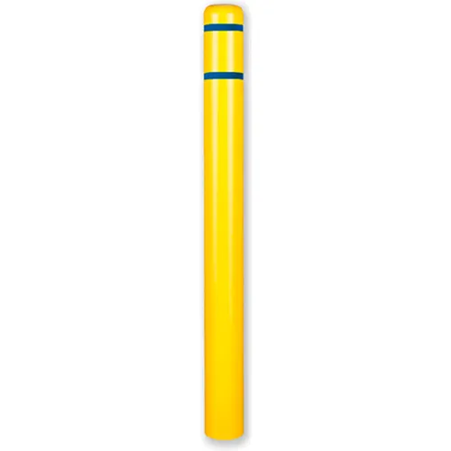 Yellow bollard post with blue stripes