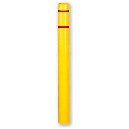 Yellow bollard with red reflective stripes