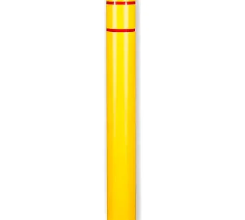 Yellow bollard with red reflective stripes