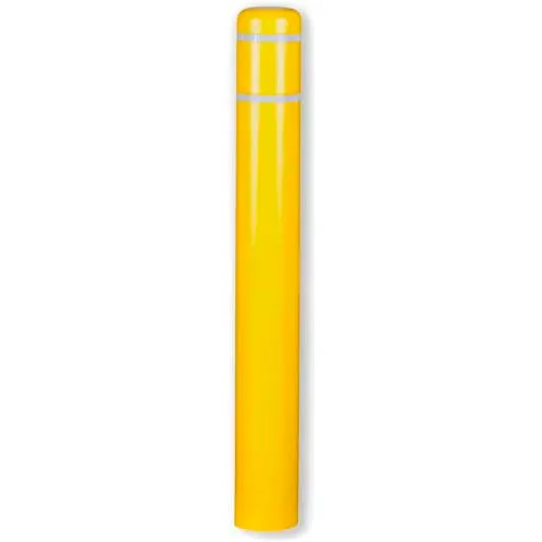 Bright yellow safety bollard with reflective stripes