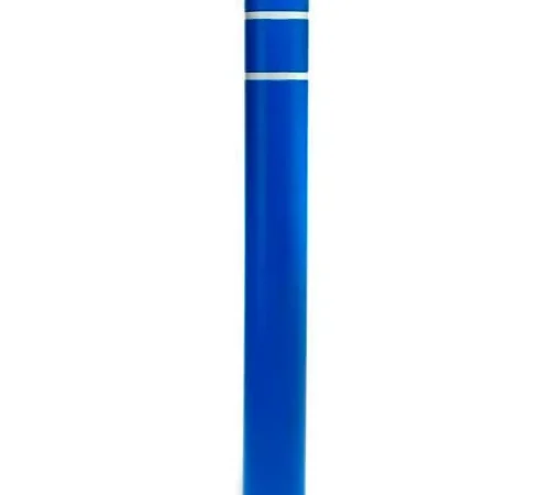 Blue bollard post with reflective white stripes