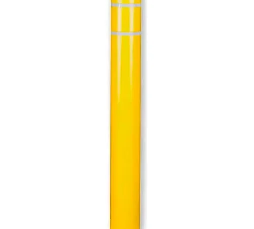 Yellow safety bollard with reflective bands