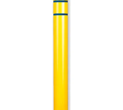 Yellow bollard post with blue stripes