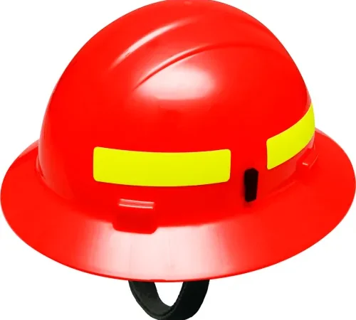 Red hard hat with yellow reflective strips