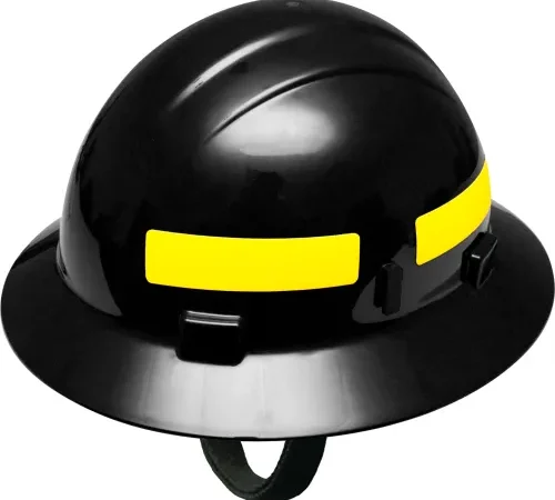 Black construction hard hat with yellow stripe