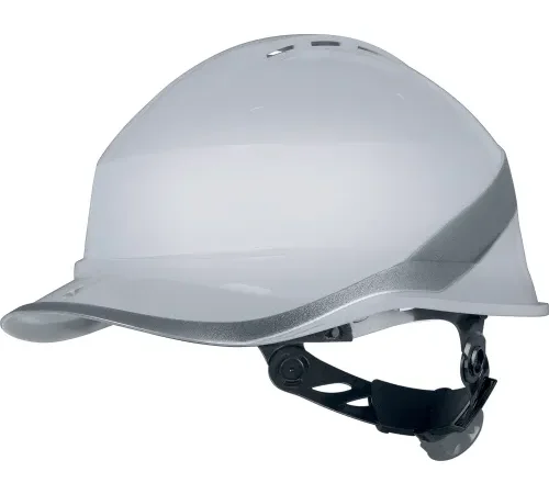 White safety hard hat with chin strap