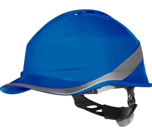 Blue construction safety helmet with harness