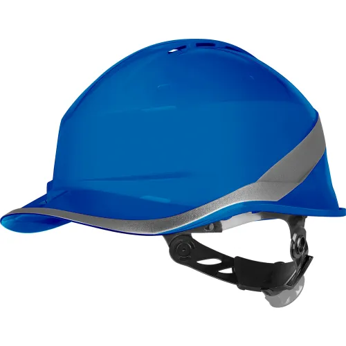 Blue construction safety helmet with harness