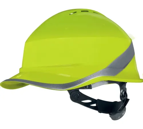 High-visibility yellow hard hat with reflective band