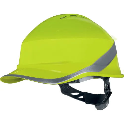 High-visibility yellow hard hat with reflective band