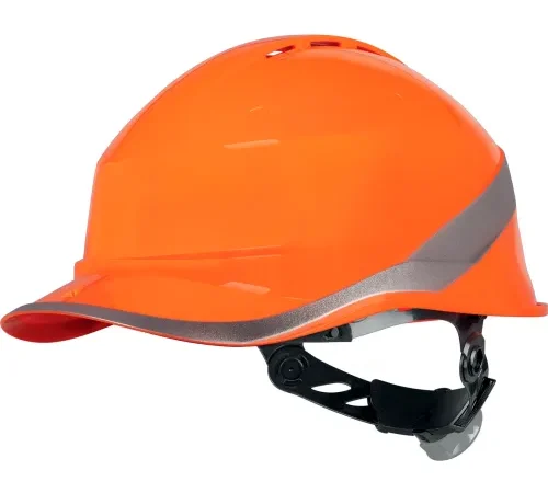 Orange safety hard hat with reflective stripe