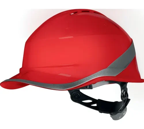 Red safety helmet with reflective stripe