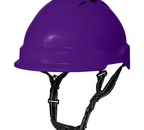 Purple safety helmet with black chin strap