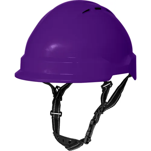 Purple safety helmet with black chin strap