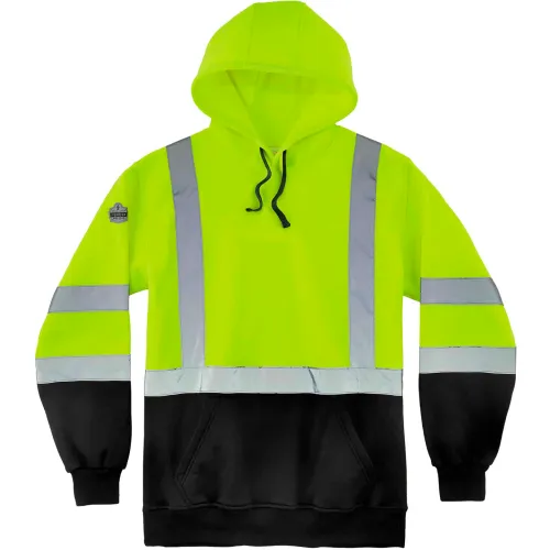 Ergodyne® GloWear® 8373 Hi-Vis Hooded Sweatshirt, Black Bottom, Class 3, 5XL, Lime