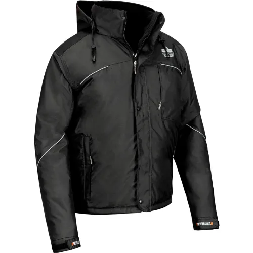 Black hooded insulated jacket with reflective piping