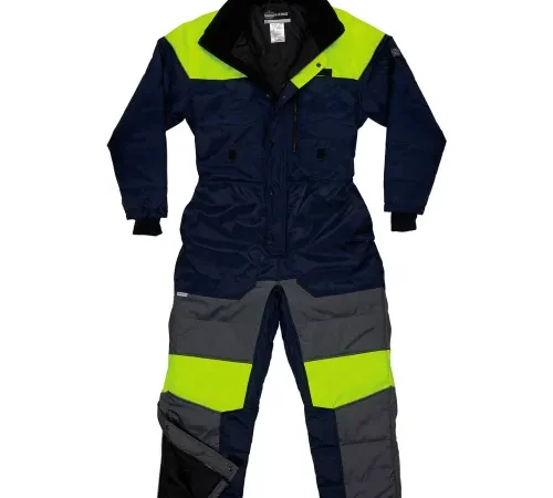 High-visibility navy and yellow insulated coverall