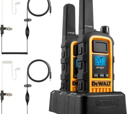 DeWalt Heavy-Duty Jobsite FRS Walkie Talkie with Headsets, 2 Watt, 22 Channels, Yellow/Black, 2/Pack