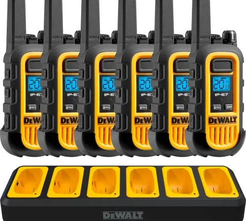 DeWalt Heavy-Duty Jobsite FRS Walkie Talkie w/ Gang Charger, 1 Watt, 22 Channels, Yellow/Black, 6/Pk