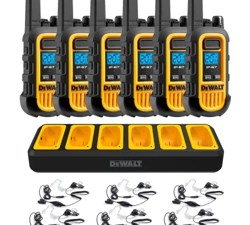 DeWalt Heavy-Duty Jobsite FRS Walkie Talkie w/ Gang Charger & Headsets, 1 Watt, Yellow/Black, 6/Pack