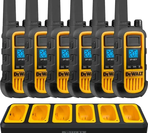 DeWalt Heavy-Duty Jobsite FRS Walkie Talkie w/ Gang Charger, 2 Watt, 22 Channels, Yellow/Black, 6/Pk