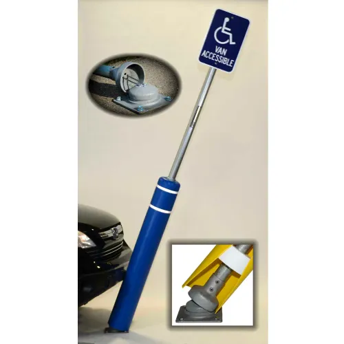 Blue collapsible accessible parking signpost