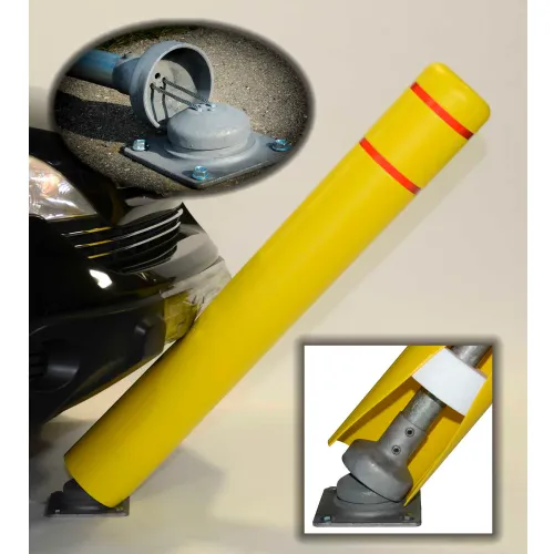 Yellow angled protective bollard with hinge base
