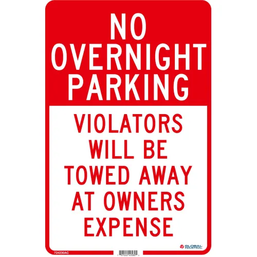 Global Industrial" No Overnight Parking Violators Will Be Towed, 18x12, .080 Aluminum