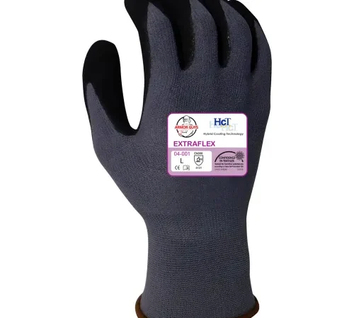 Gray coated work glove with black fingertips