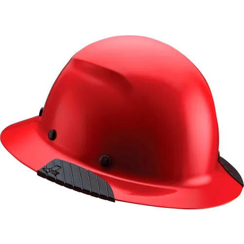 Red construction hard hat with black accents