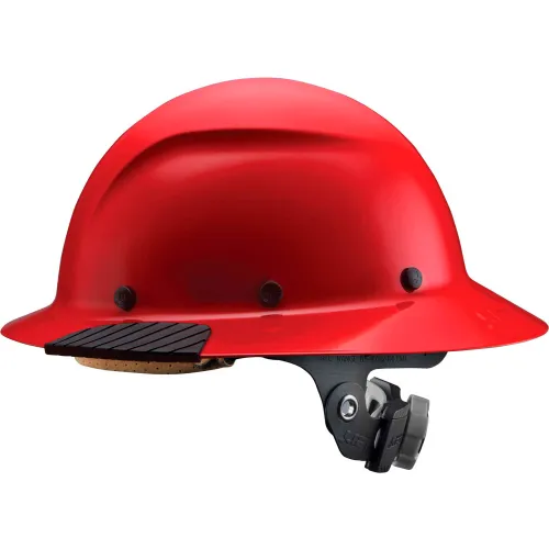 Red safety hard hat with chinstrap