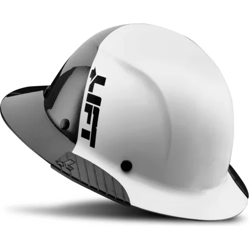 White safety hard hat with black visor