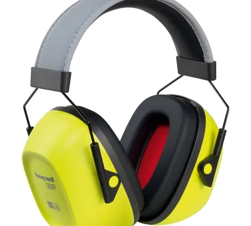 High-visibility yellow hearing protection earmuffs
