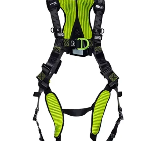 Padded green and black full-body safety harness