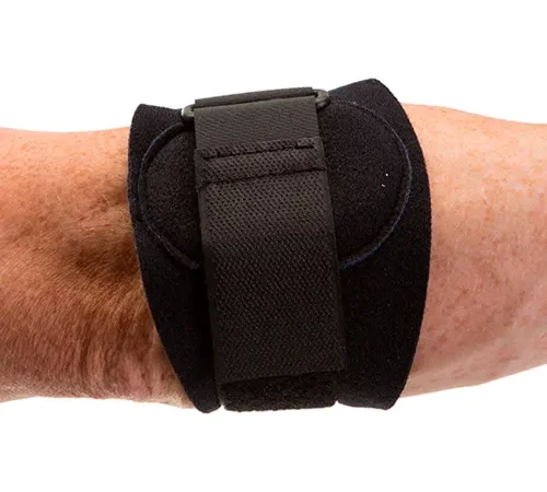 Adjustable black elbow brace on forearm