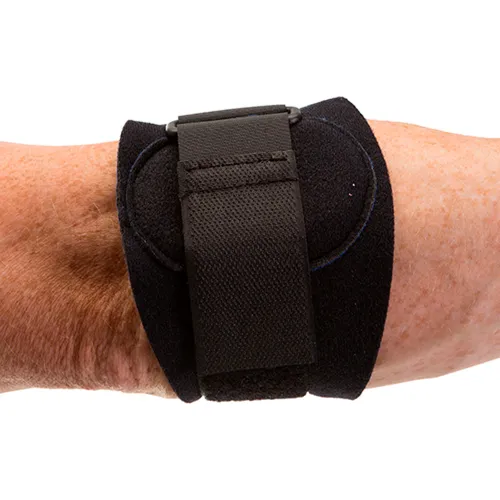 Adjustable black elbow brace on forearm