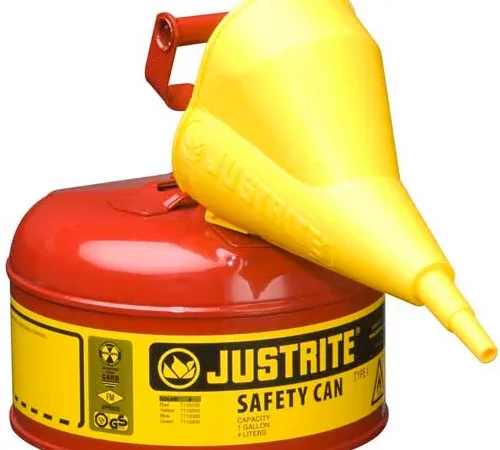 Justrite Type I Steel Safety Can With Funnel, 1 Gallon (4L), Self-Close Lid, Red, 7110110