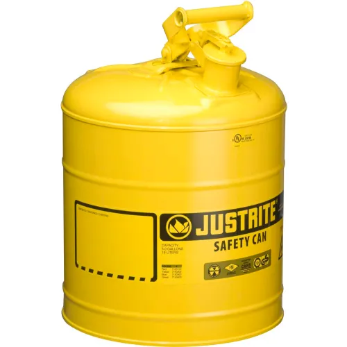 Justrite Type I Steel Safety Can, 5 Gallon (19L), Self-Close Lid, Yellow, 7150200