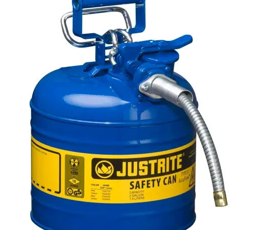 Justrite Type II AccuFlow" Steel Safety Can, 2 Gal., 5/8" Metal Hose, Blue, 7220320