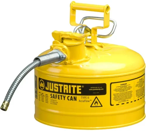 Justrite Type II AccuFlow" Steel Safety Can, 2.5 Gal., 5/8" Metal Hose, Yellow, 7225220