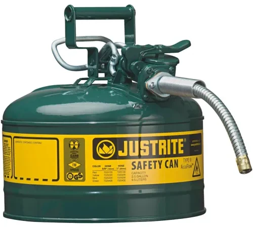 Justrite Type II AccuFlow" Steel Safety Can, 2.5 Gal., 5/8" Metal Hose, Green, 7225420