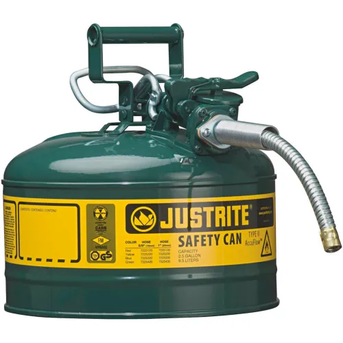 Justrite Type II AccuFlow" Steel Safety Can, 2.5 Gal., 5/8" Metal Hose, Green, 7225420