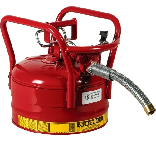 Justrite Accuflow DOT Transport Safety Can For Flammable Liquids, 1" Metal Hose, 2.5 Gal. Cap., Red