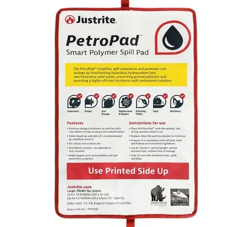 Justrite? PetroPad" Smart Polymer Spill Pad, 35-13/16"L x 53-7/8"W, Large, White