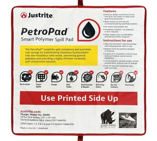 Justrite? PetroPad" Smart Polymer Spill Pad, 53-7/8"L x 53-7/8"W, X Large, White, Pk of 2