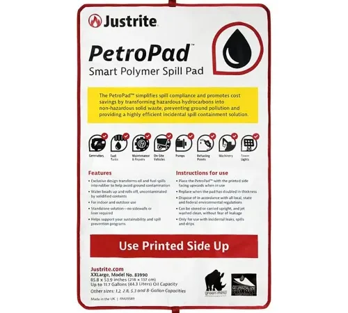 Justrite? PetroPad" Smart Polymer Spill Pad, 53-7/8"L x 85-13/16"W, XX Large, White
