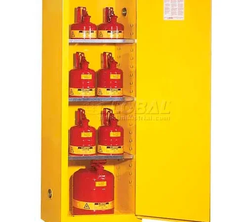 Yellow flammable storage cabinet with red cylinders